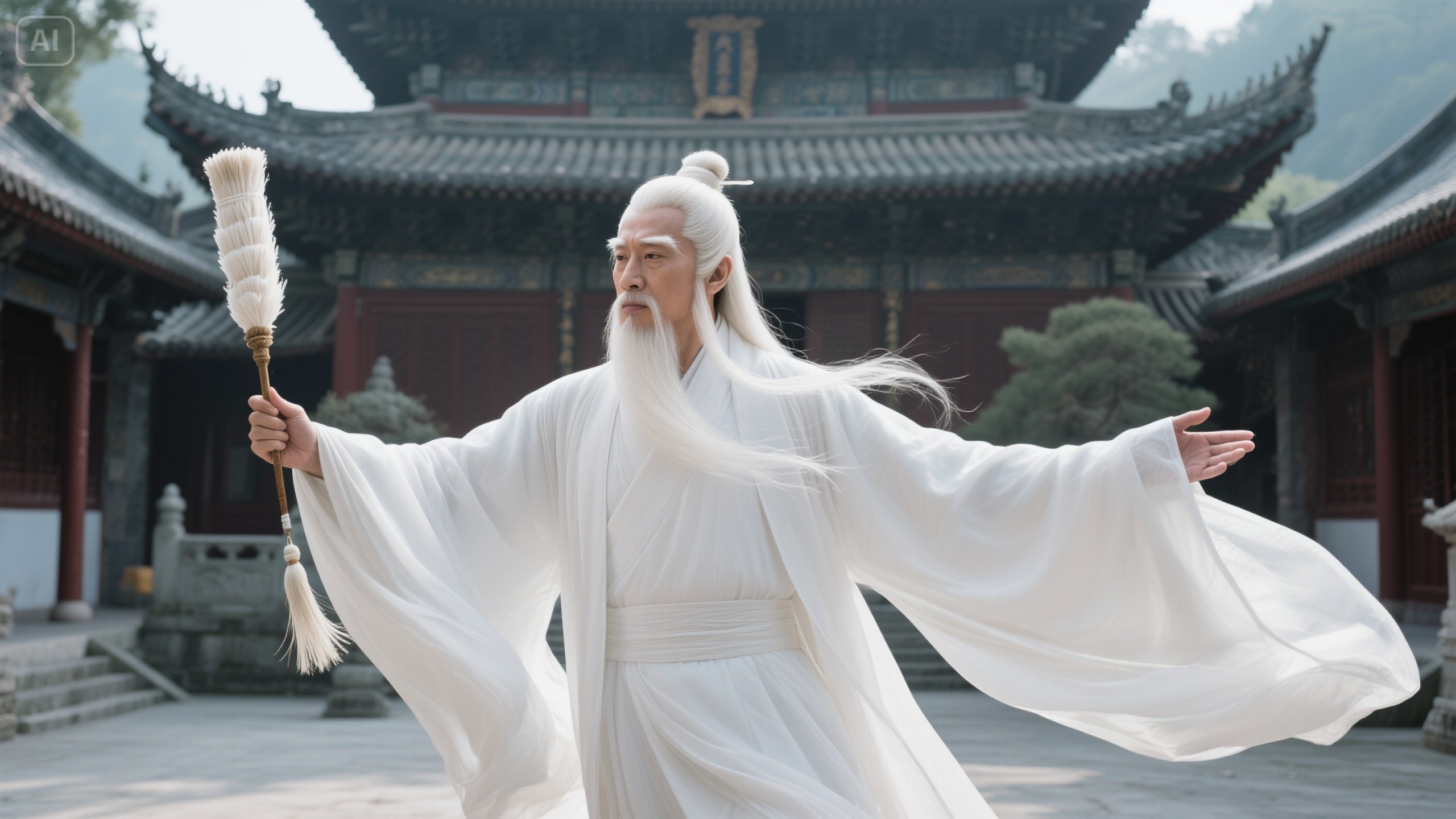 jimeng-2025-06-04-205-形象：白发长须，身着宽大白色道袍，衣袂飘飘，手持拂尘，自带.jpeg