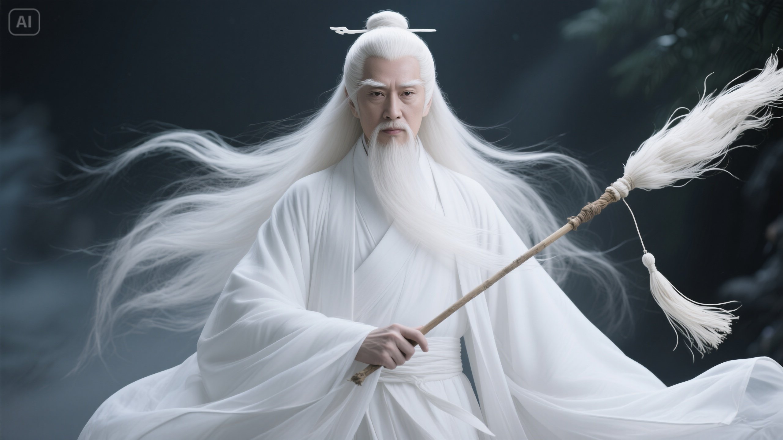 jimeng-2025-06-04-206-形象：白发长须，身着宽大白色道袍，衣袂飘飘，手持拂尘，自带.jpeg